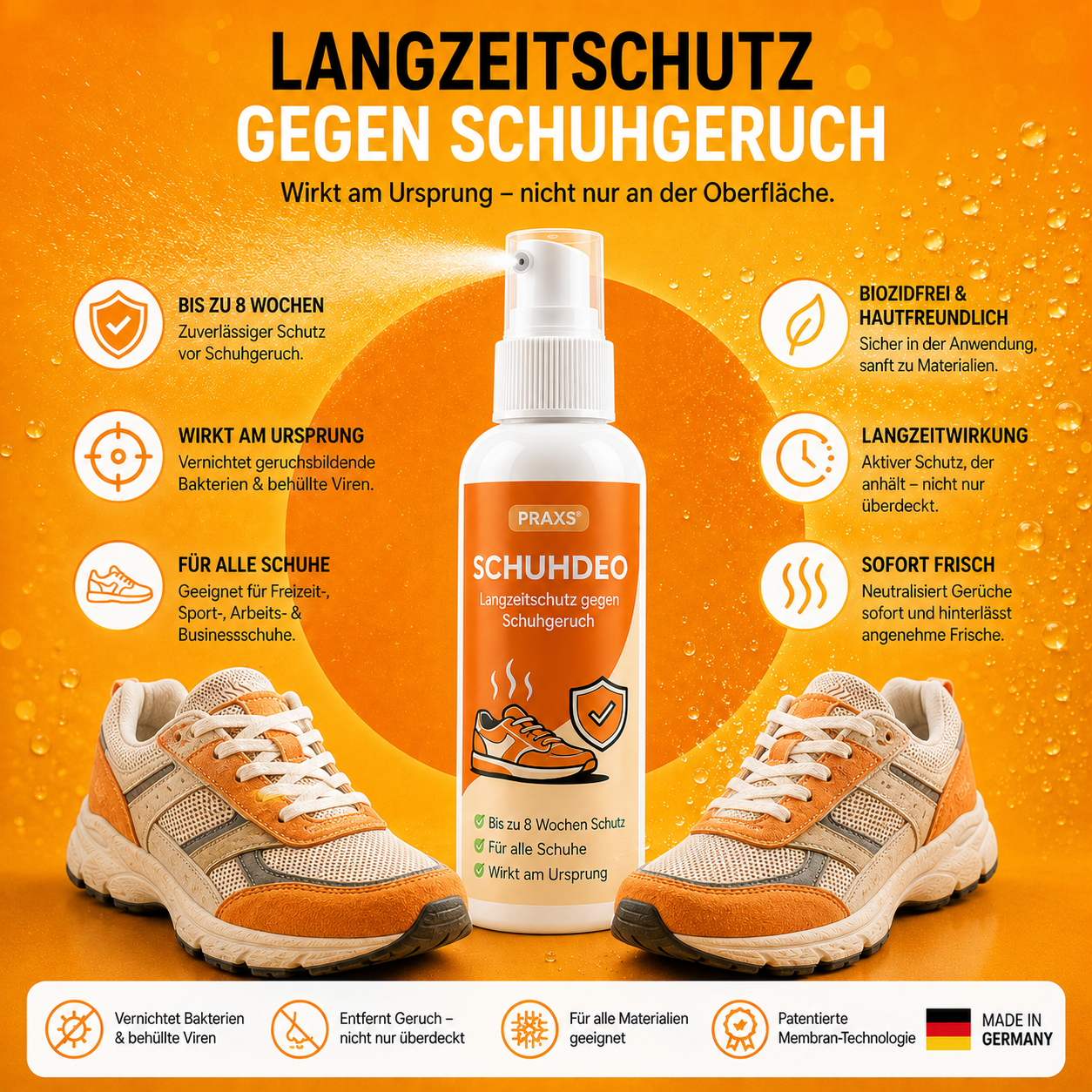 PRAXS Geruchsschutz – Langzeitschutz gegen Schuhgeruch, biozidfrei, Made in Germany