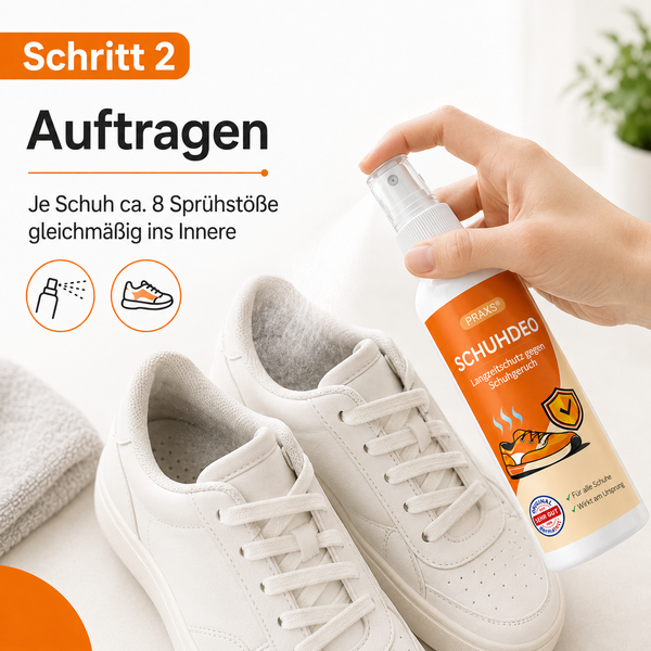 Schritt 2 PRAXS Schuhdeo: ca. 8 Sprühstöße je Schuh gleichmäßig ins Innere sprühen