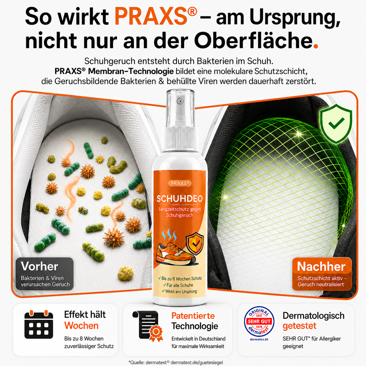 So wirkt PRAXS – beseitigt geruchsbildende Bakterien an der Ursache statt zu überdecken